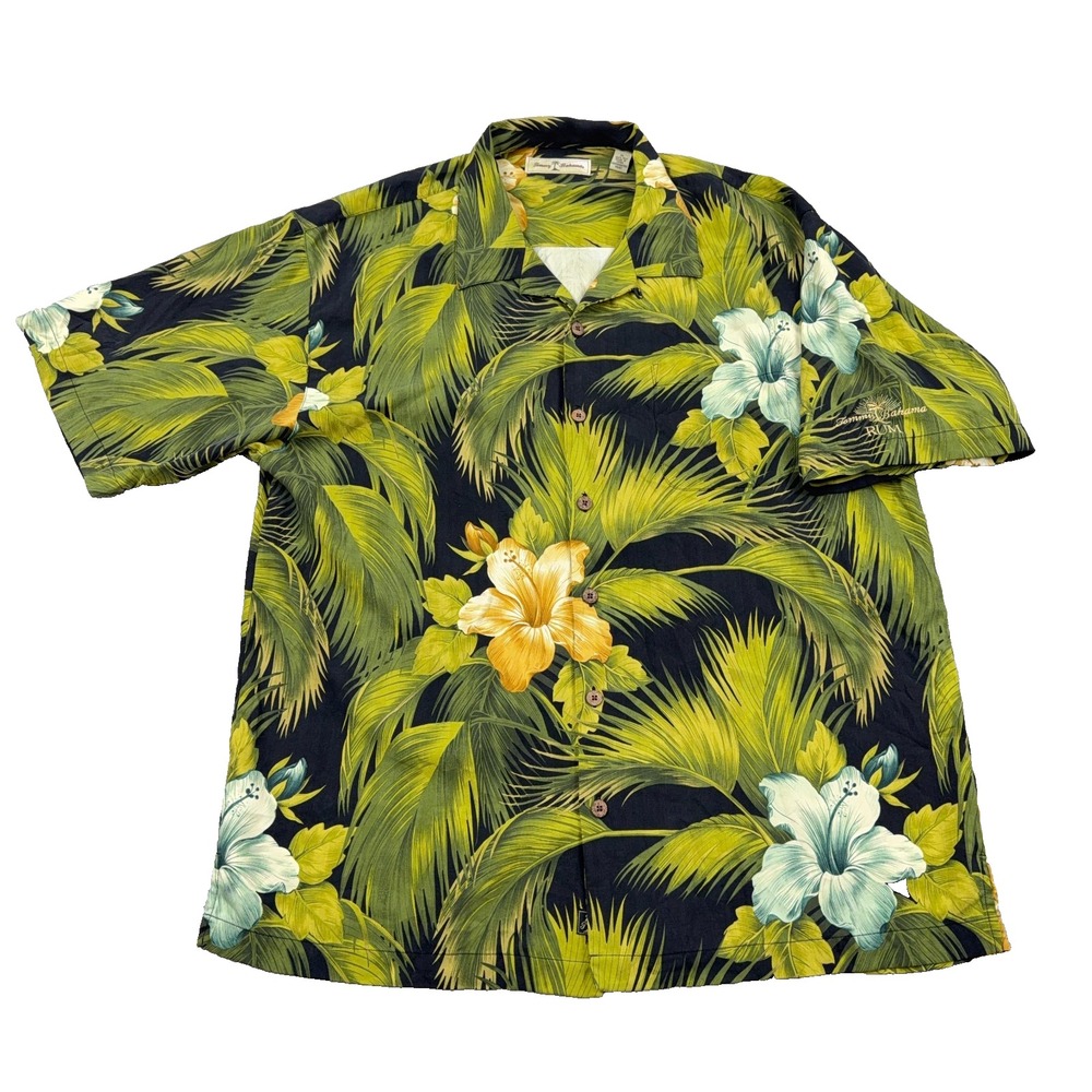 Tommy Bahama Shirt Men XL Green Silk Button Up Floral Hawaiian Rum Leafs *